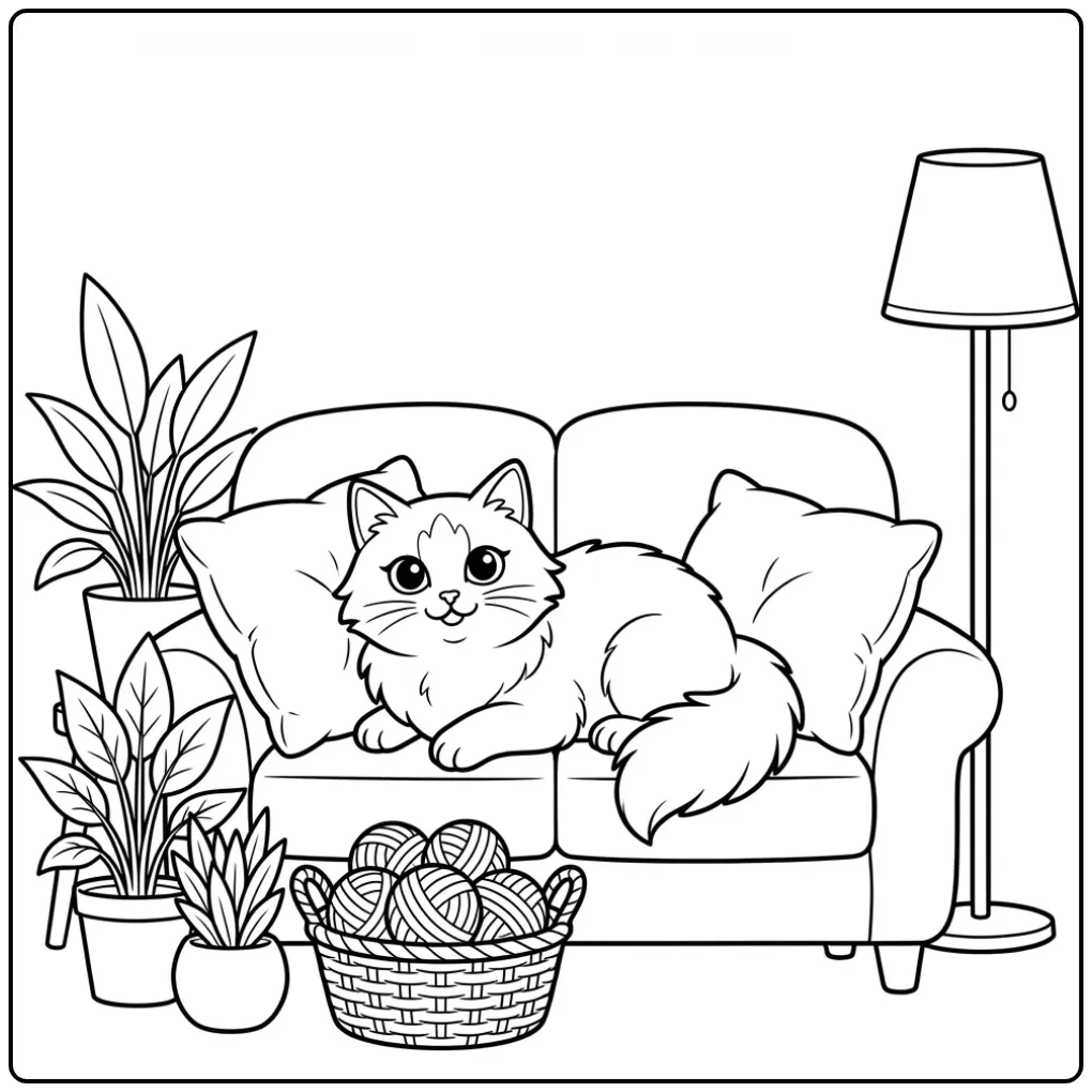 Een schattige Ragdoll poes kleurplaat op een bank met kussens.