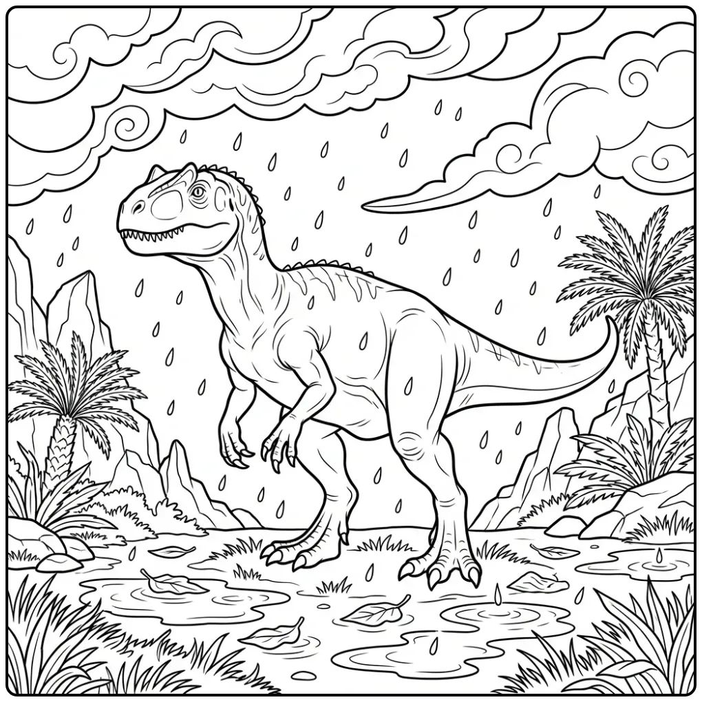 Gedetailleerde allosaurus kleurplaat in de vallende regen.