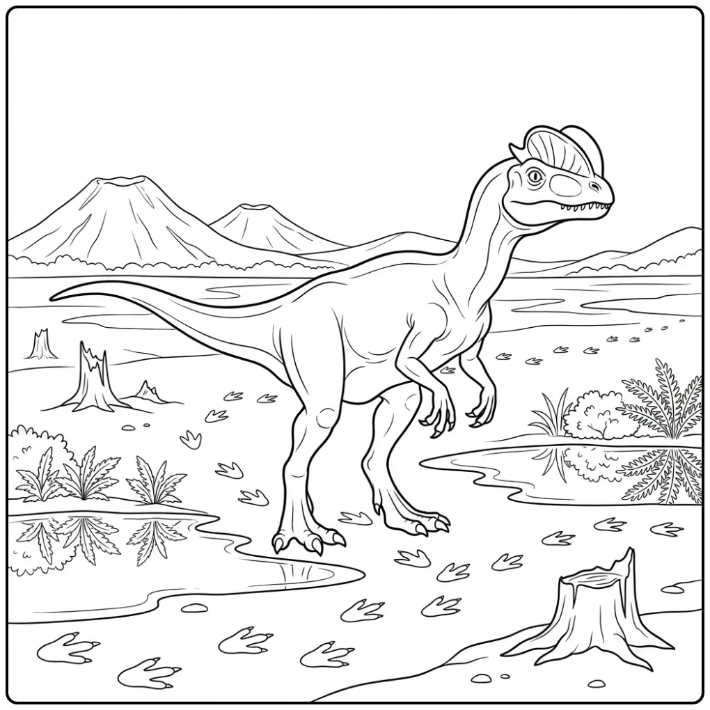 Een dilophosaurus kleurplaat op een natte vlakte met vulkanen.