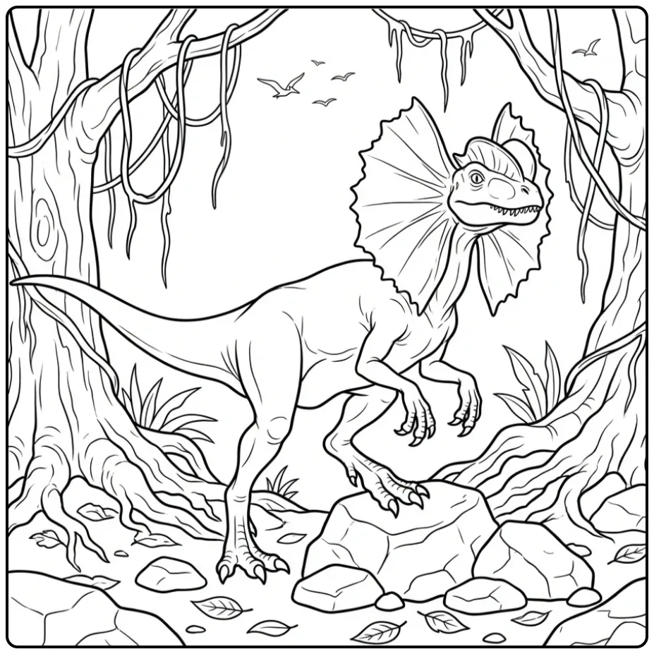 Een gedetailleerde dilophosaurus kleurplaat met jungle.