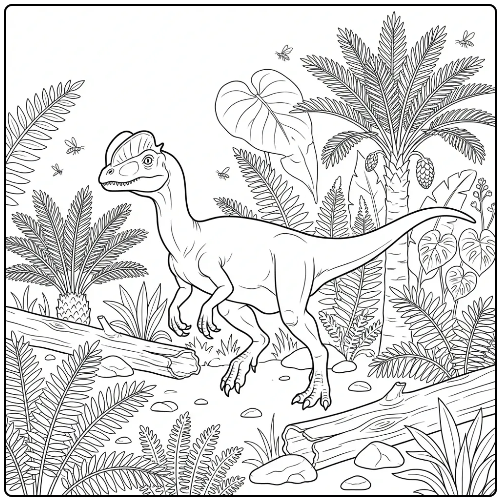 Wandelende dilophosaurus kleurplaat in een varenbos.