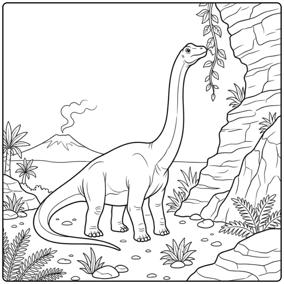 Diplodocus kleurplaat met dinosaurus bij rotsen en vulkaan.
