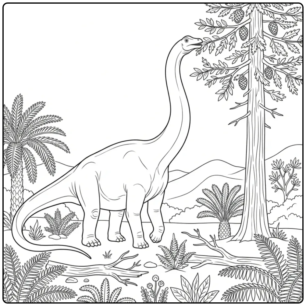 Diplodocus kleurplaat etend van hoge bomen en bladeren.