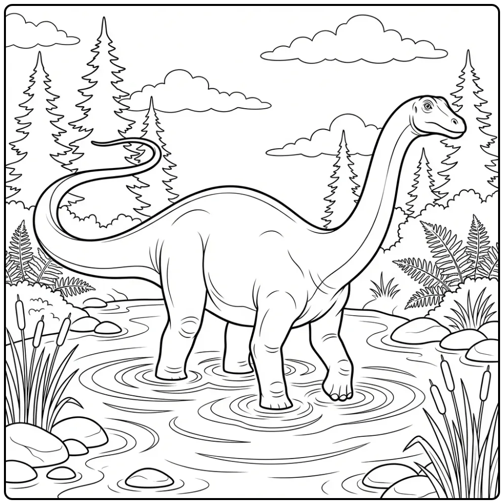 Gedetailleerde diplodocus kleurplaat wadend in water.