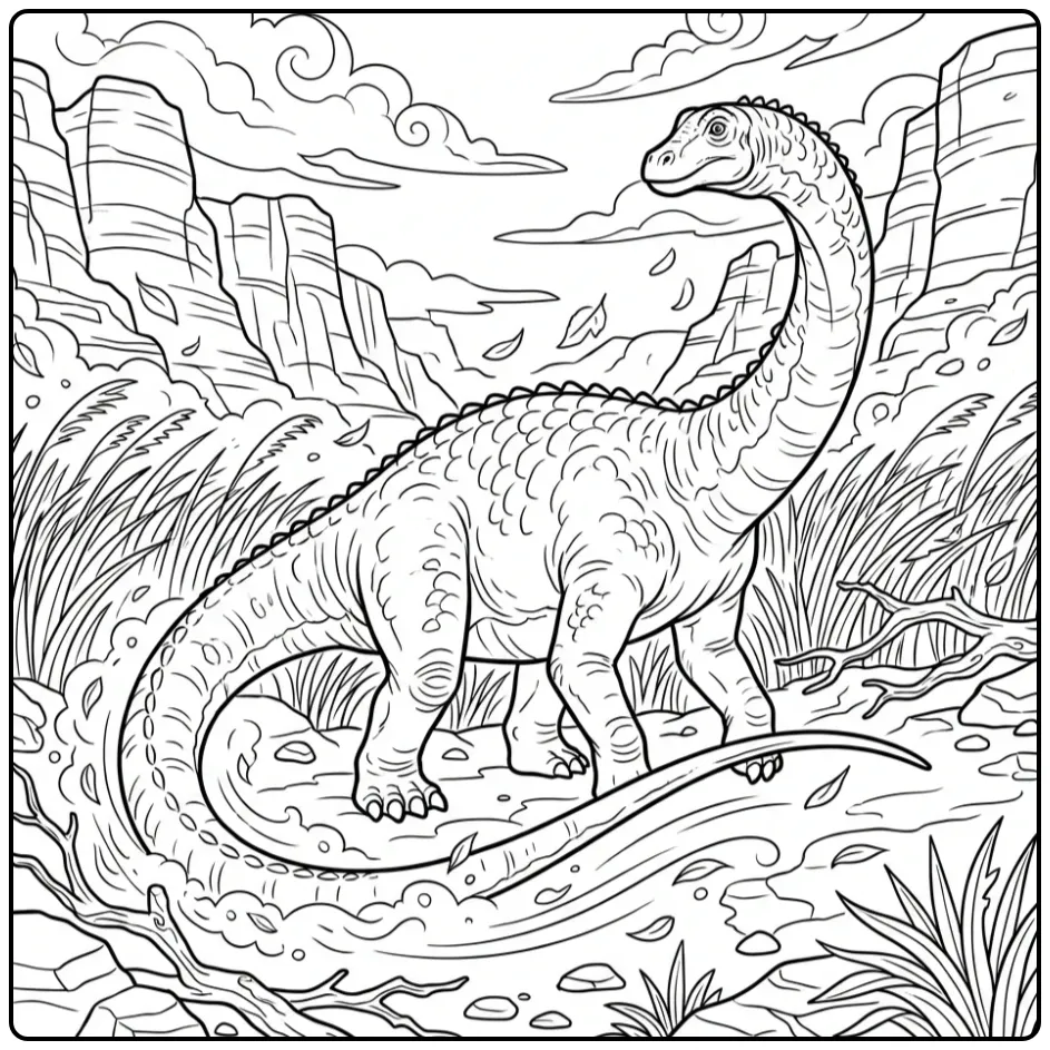 Diplodocus kleurplaat in een winderige vallei met bladeren.