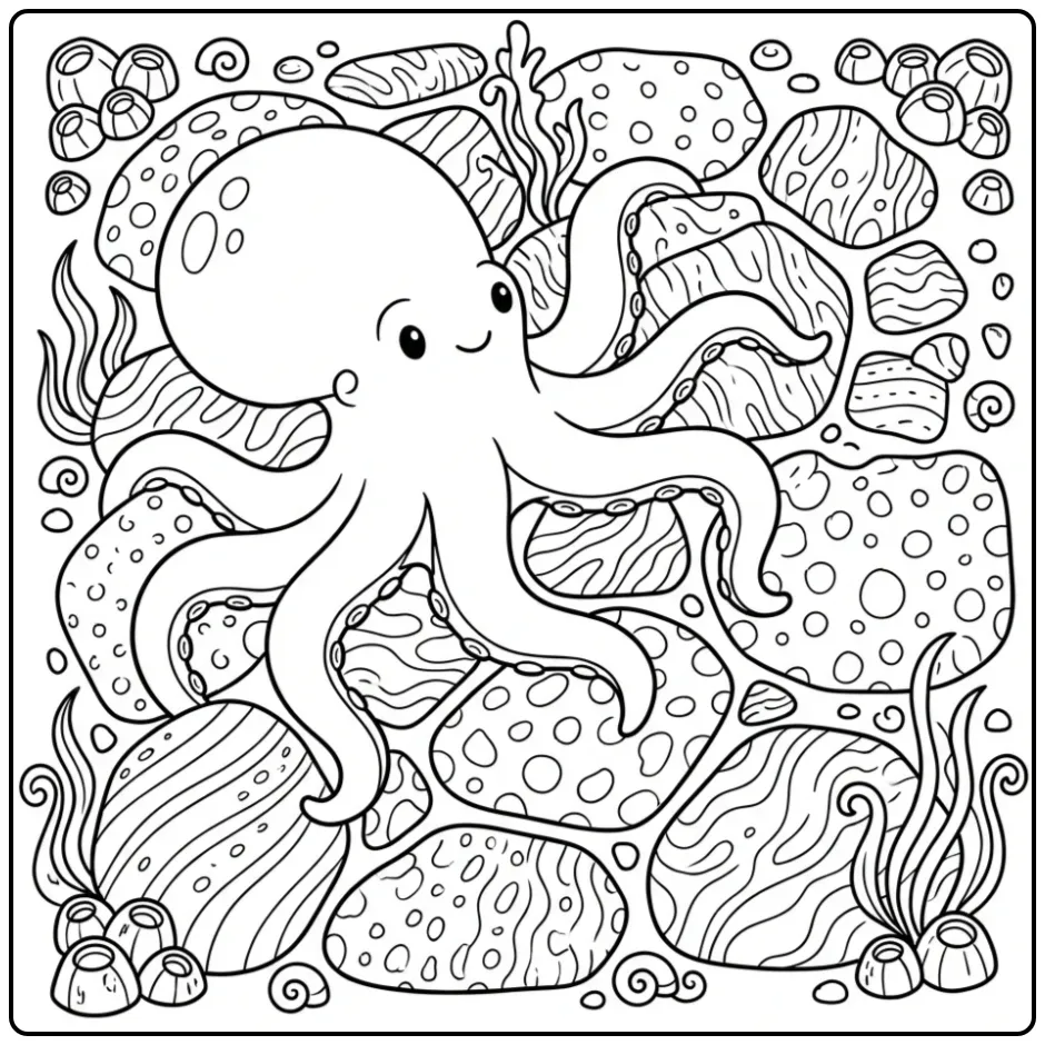 Gedetailleerde octopus kleurplaat tussen schelpen en wier