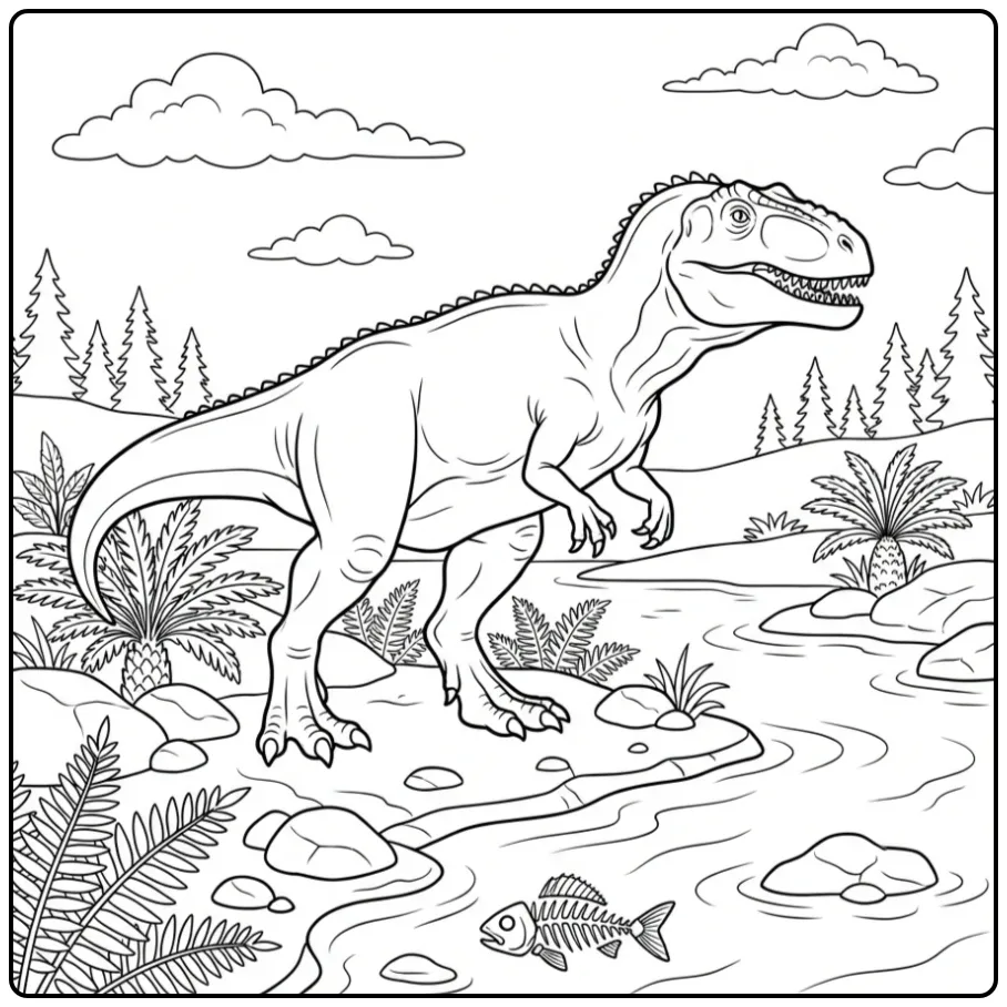 Giganotosaurus kleurplaat aan een rotsachtige rivieroever.