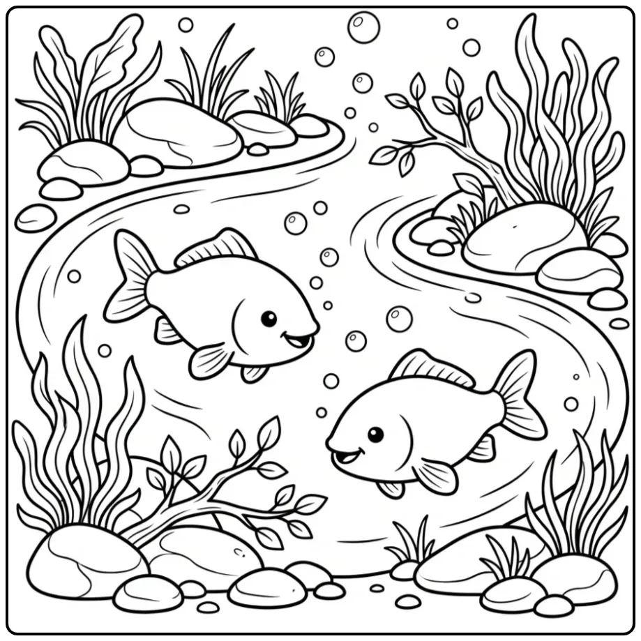 Leuke karper kleurplaat met twee vissen en waterplanten.