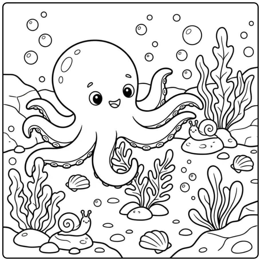 Leuke octopus kleurplaat in een rotsachtige getijdenpoel.