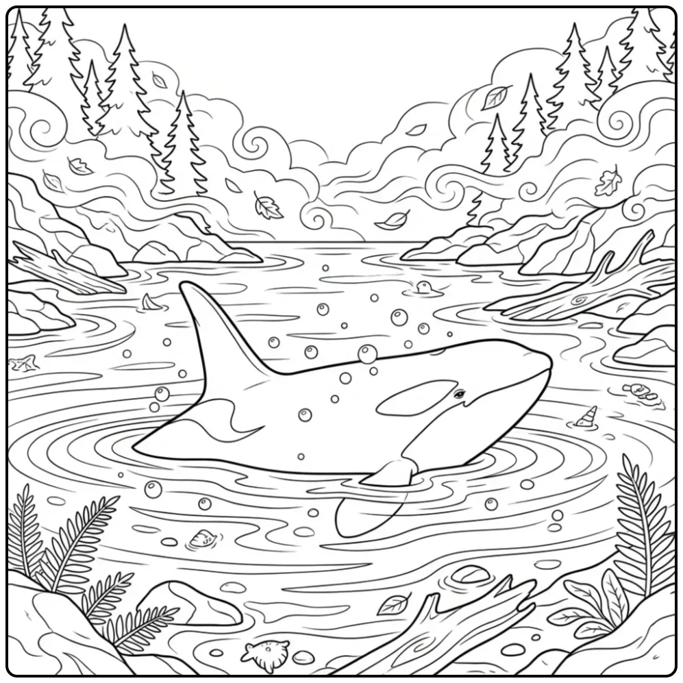 Gedetailleerde orca kleurplaat in een regenwoud baai.