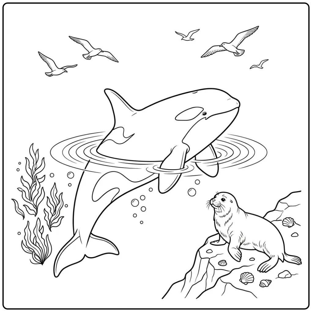Printbare orca kleurplaat met golven, vogels en schelpen
