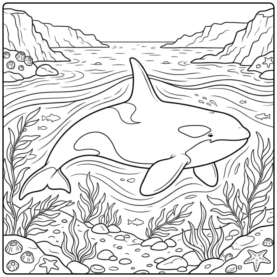 Zwemmende orka kleurplaat in een smalle geul.