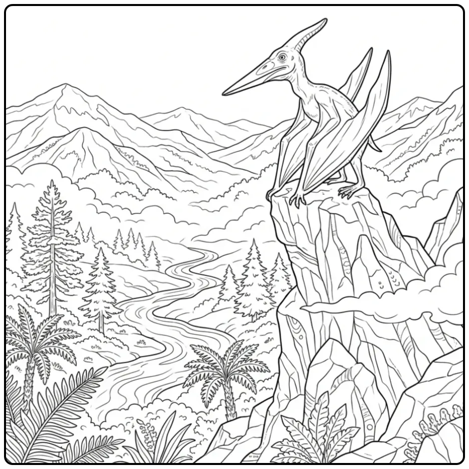 Gedetailleerde pterodactylus kleurplaat in prehistorisch dal.