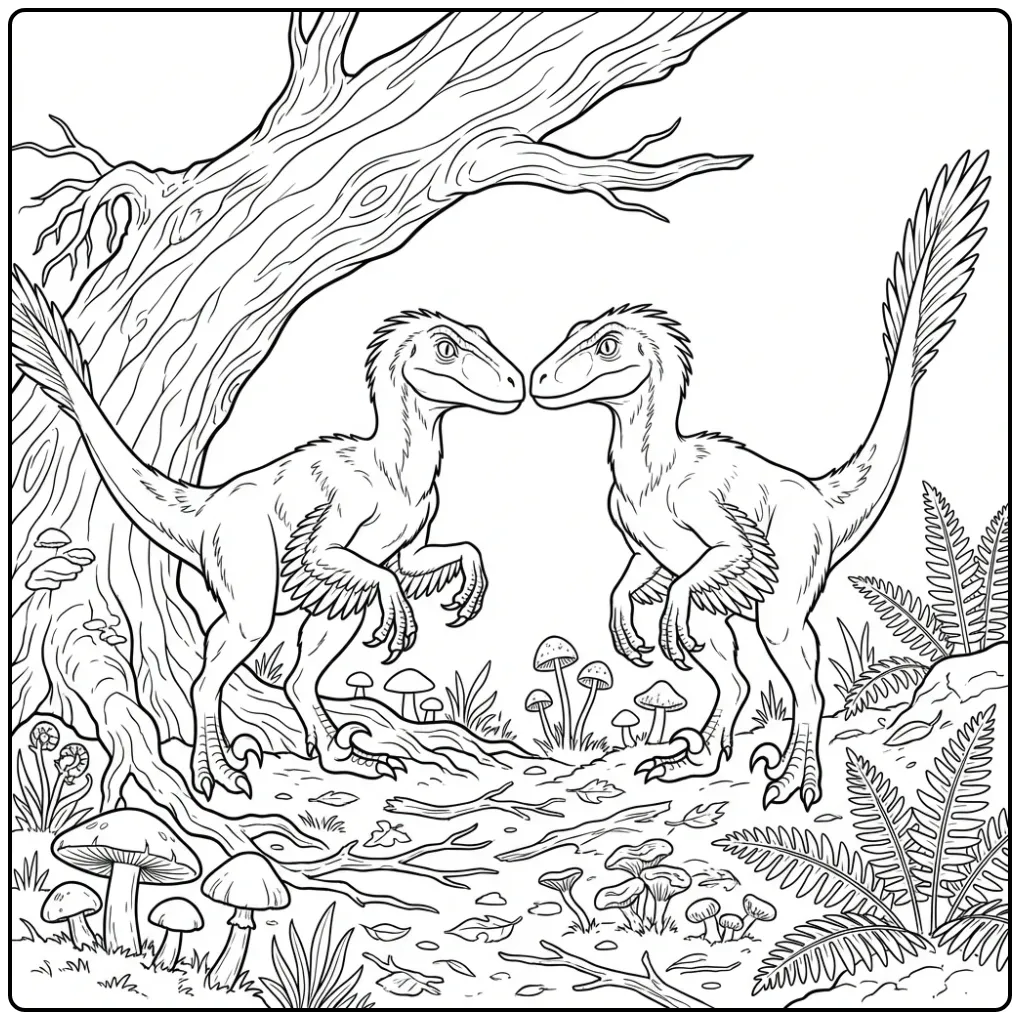 Raptor kleurplaat van twee Velociraptors bij een omgevallen boom
