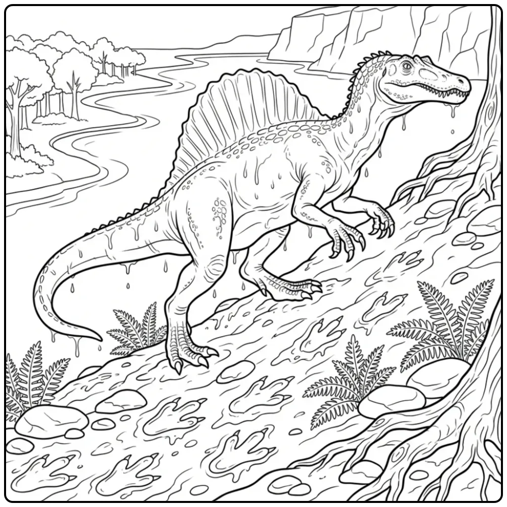 Spinosaurus kleurplaat klimmend uit het water.