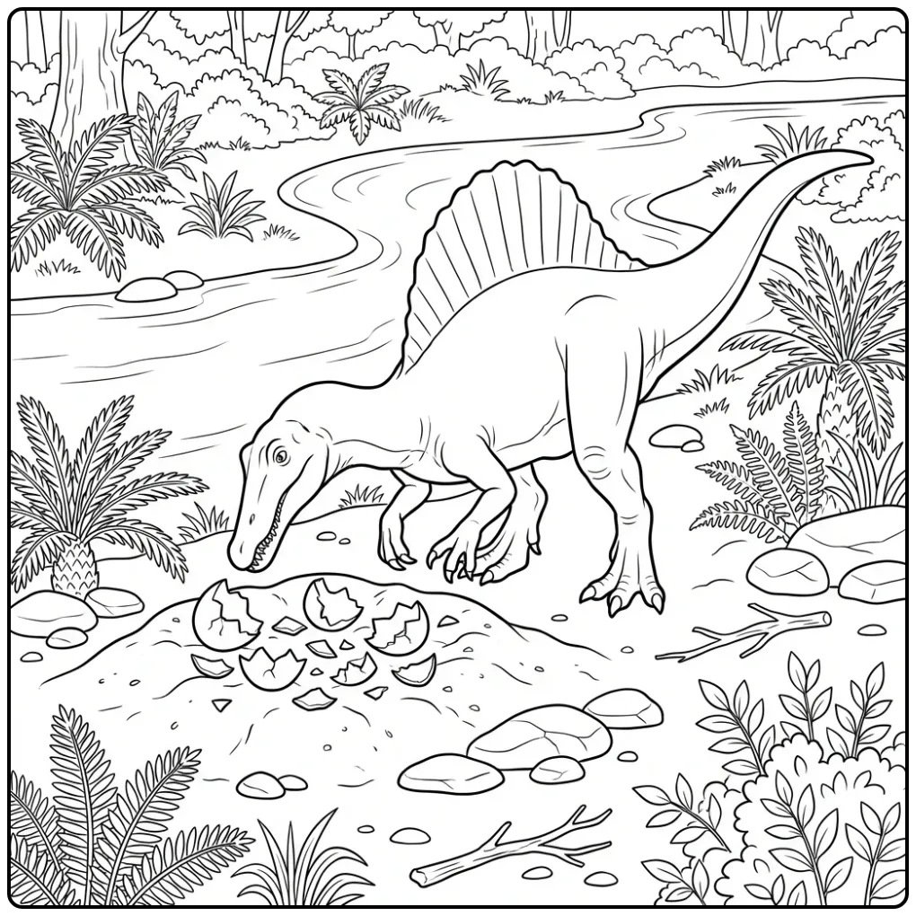 Spinosaurus kleurplaat snuffelend aan een nest met eieren.