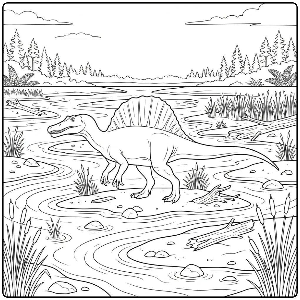 Spinosaurus kleurplaat lopend door een prehistorische rivier.