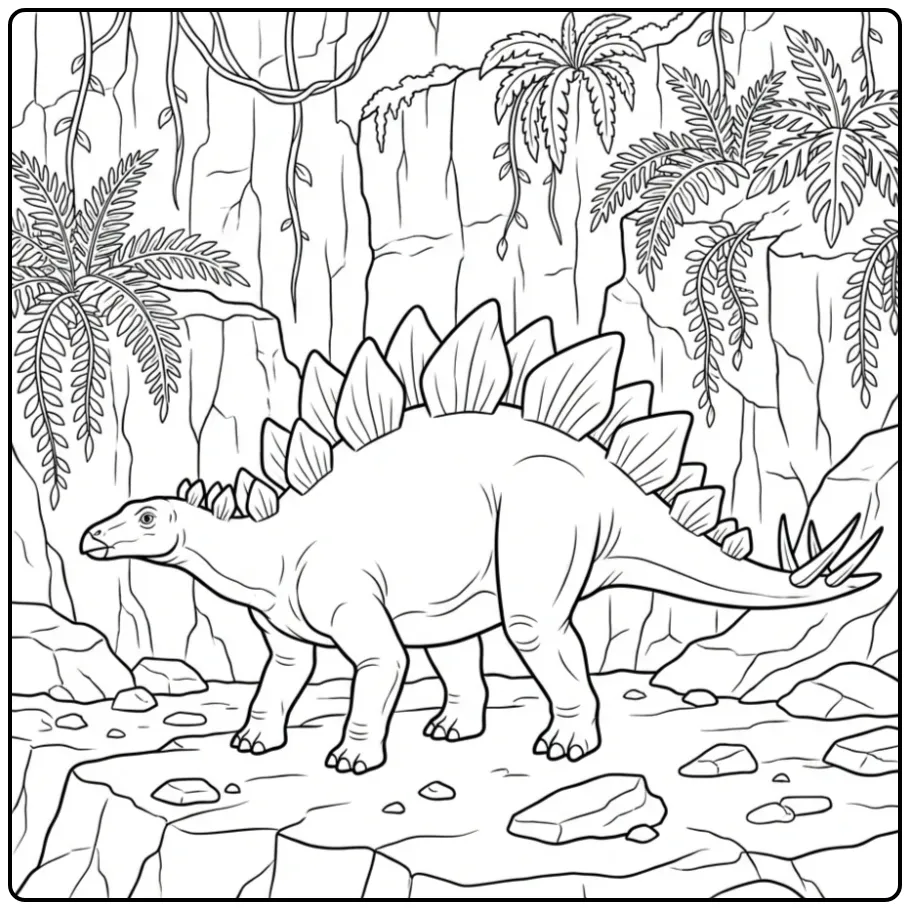 Gedetailleerde stegosaurus kleurplaat in de natuur.