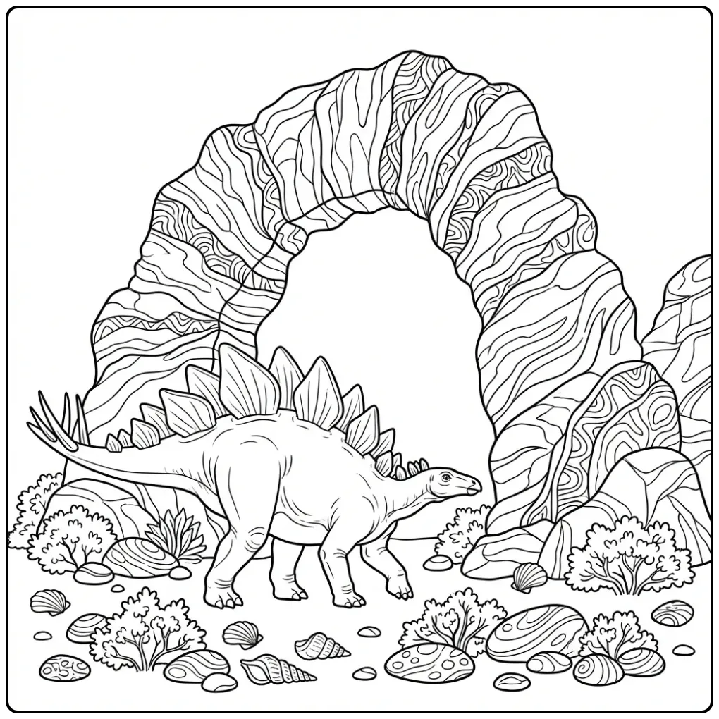Een stegosaurus kleurplaat bij een stenen boog met planten.