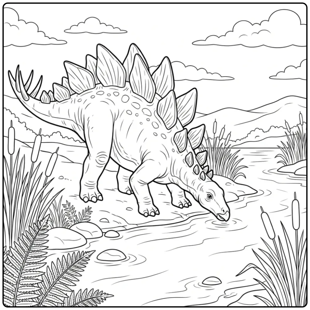 Gedetailleerde stegosaurus kleurplaat in een rustig landschap.