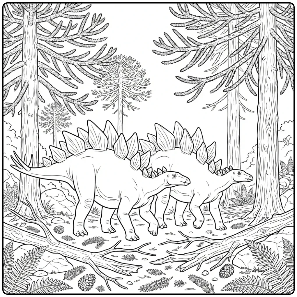 Twee dino's op een stegosaurus kleurplaat in het bos