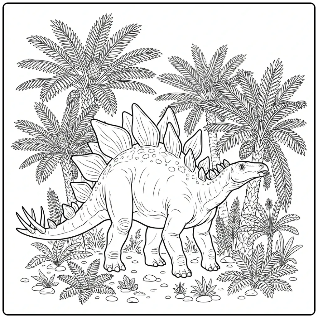 Een gedetailleerde stegosaurus kleurplaat etend van cycaden.