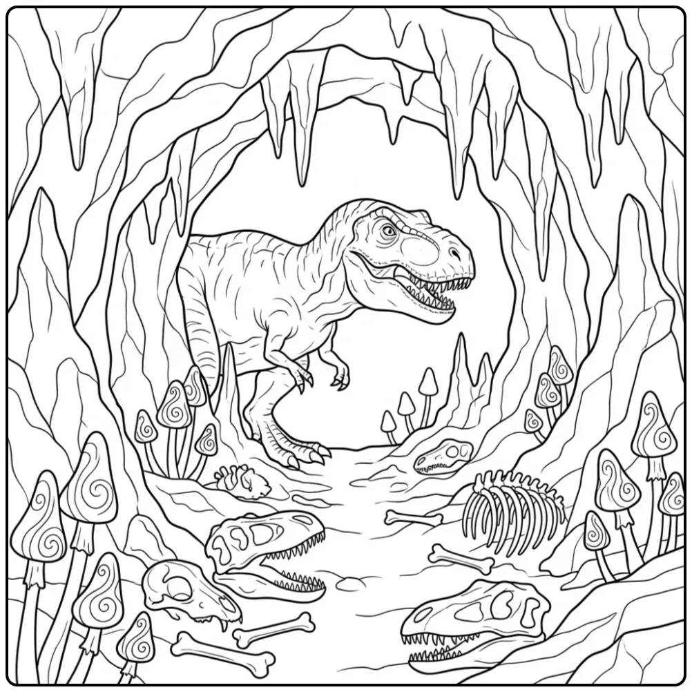 Spannende t rex kleurplaat van een dino bij een donkere grot.