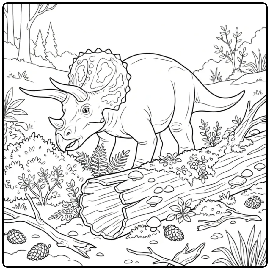 Triceratops kleurplaat snuffelend aan planten en bomen