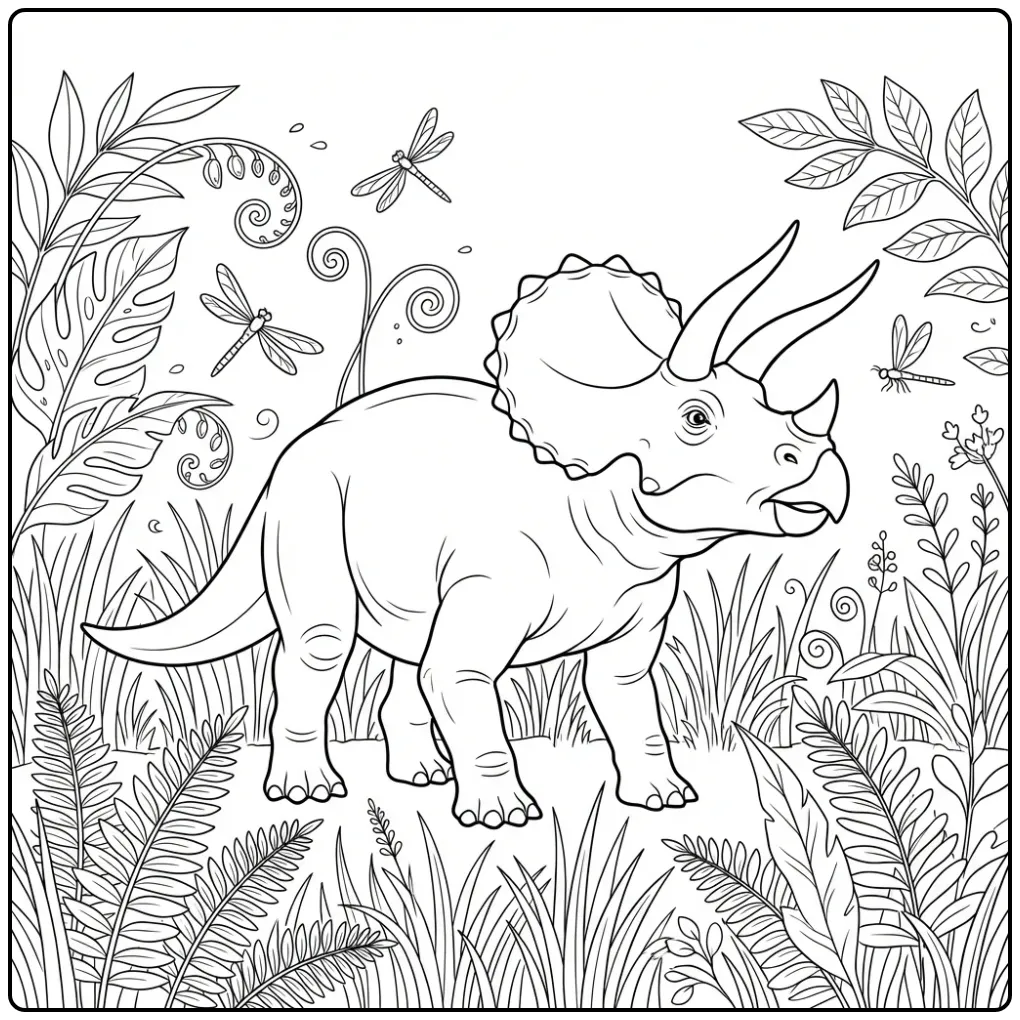 Realistische triceratops kleurplaat in prehistorisch gras