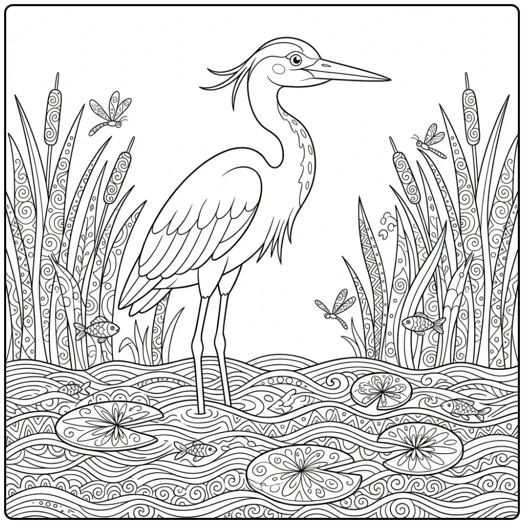 Gedetailleerde vogel kleurplaat voor volwassenen met reiger