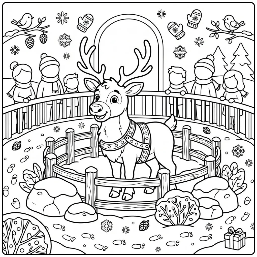 Vrolijke rendier kleurplaat bij een houten hek in de sneeuw.