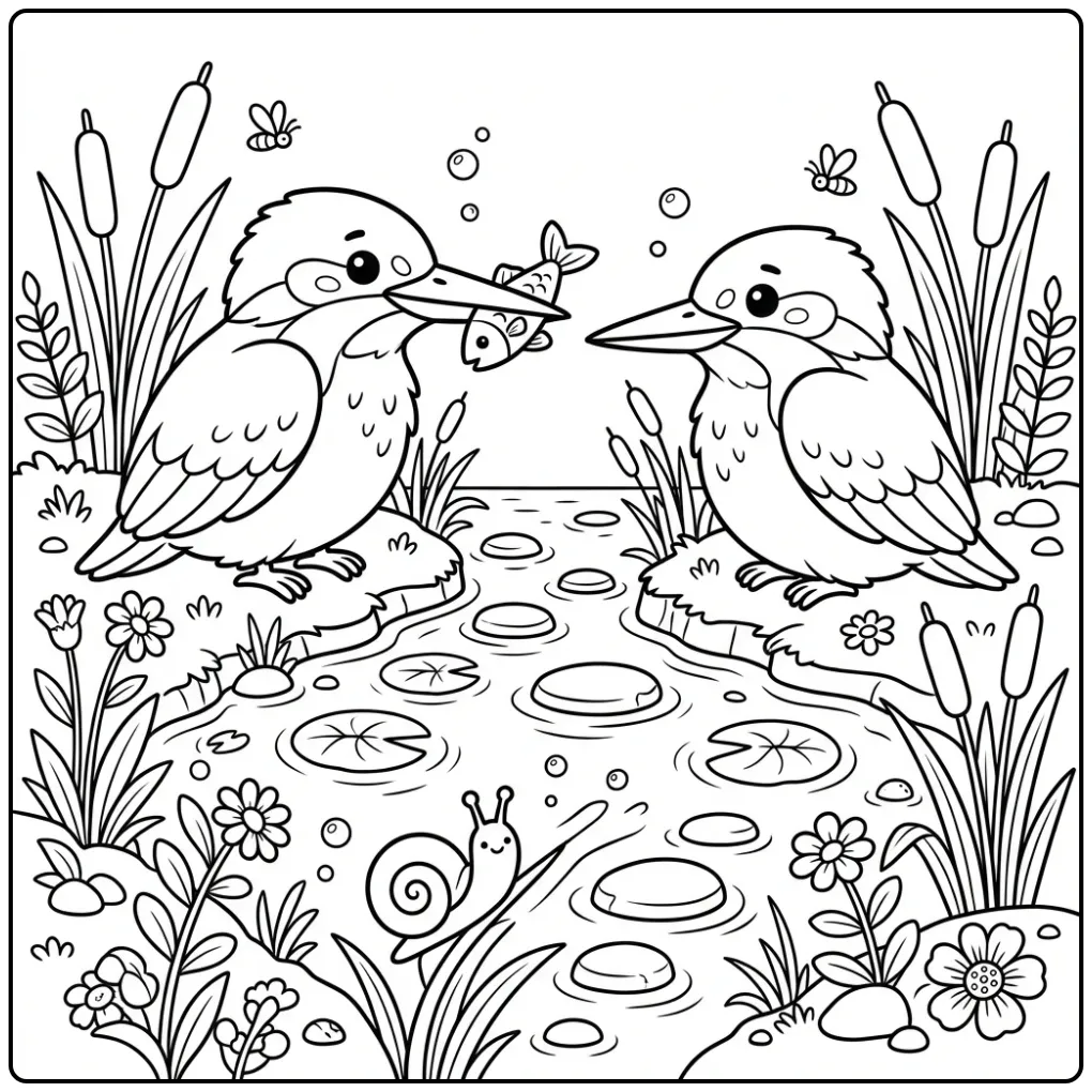 Schattige kleurplaat ijsvogel met visje en rietstengels.