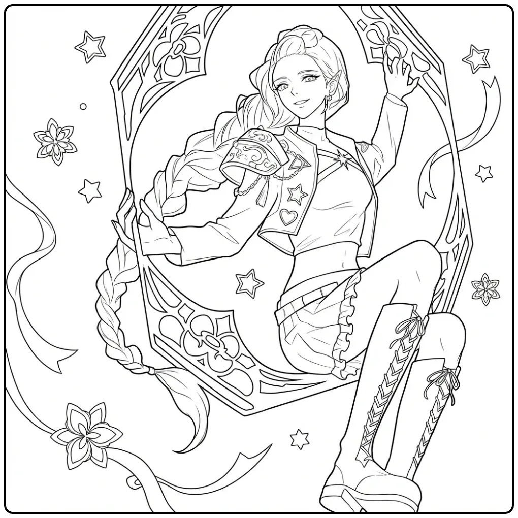 Kleurplaat rumi kpop demon hunters personage in een schommel.