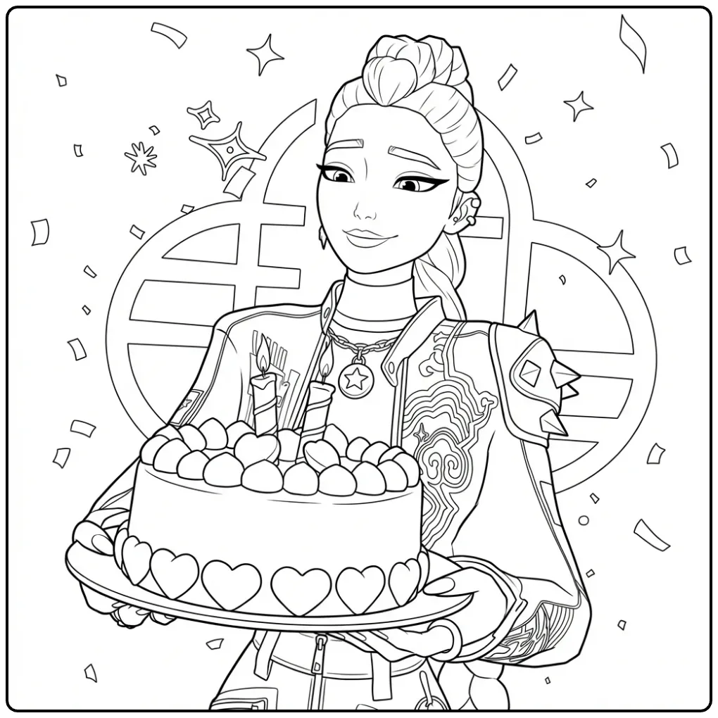 Kleurplaat kpop demon hunters rumi met een taart.