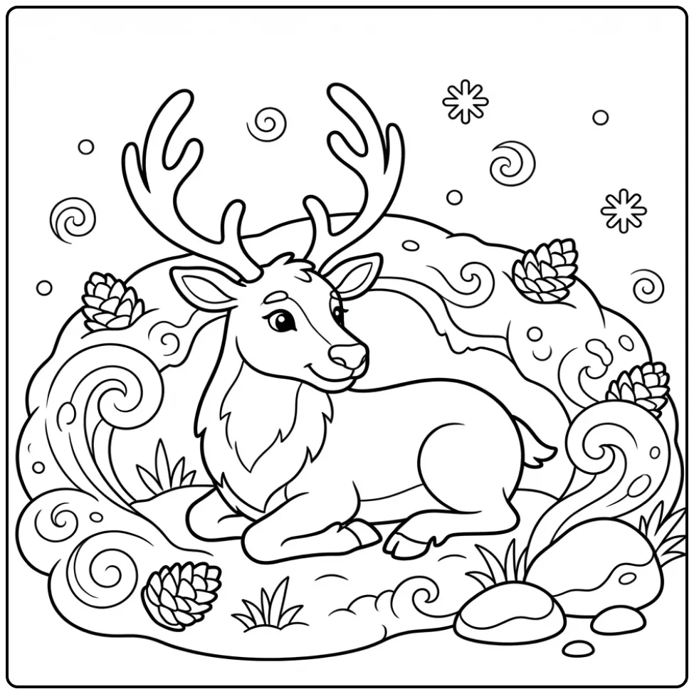 Leuke rendier kleurplaat rustend tussen dennenappels.