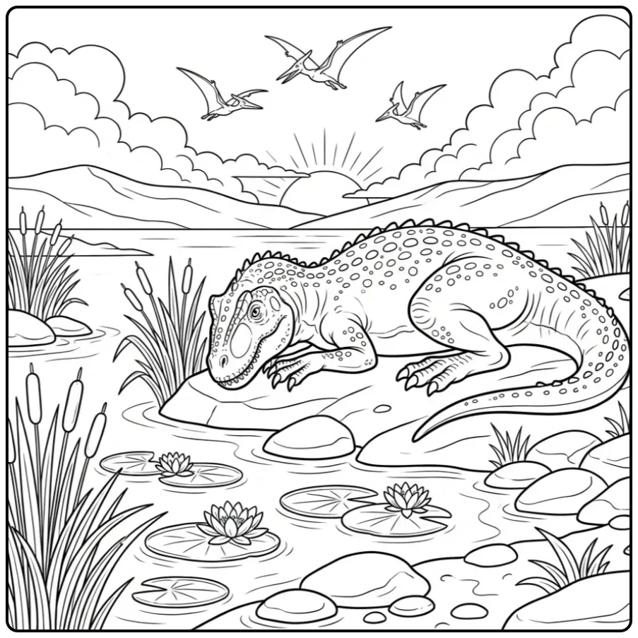 Realistische allosaurus kleurplaat aan een prehistorisch meer