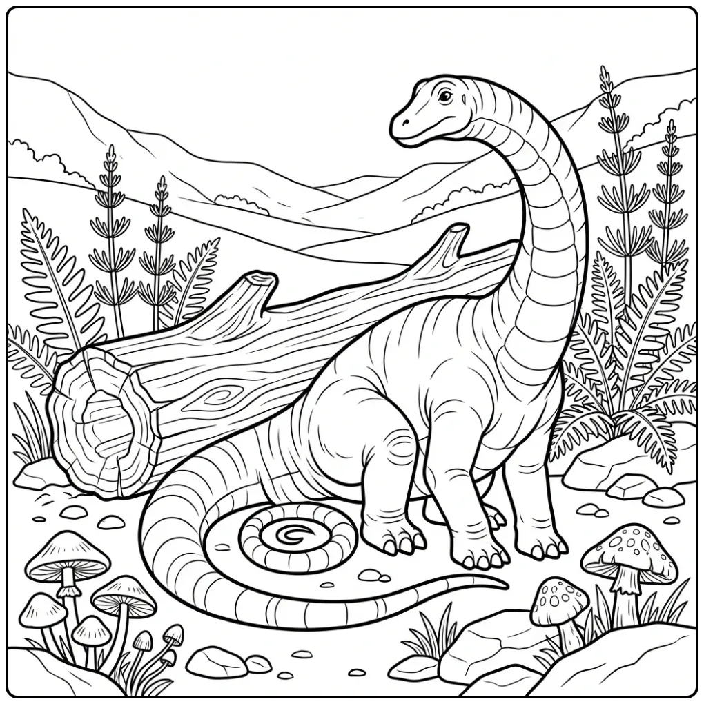 Een realistische diplodocus kleurplaat bij een grote boomstam.