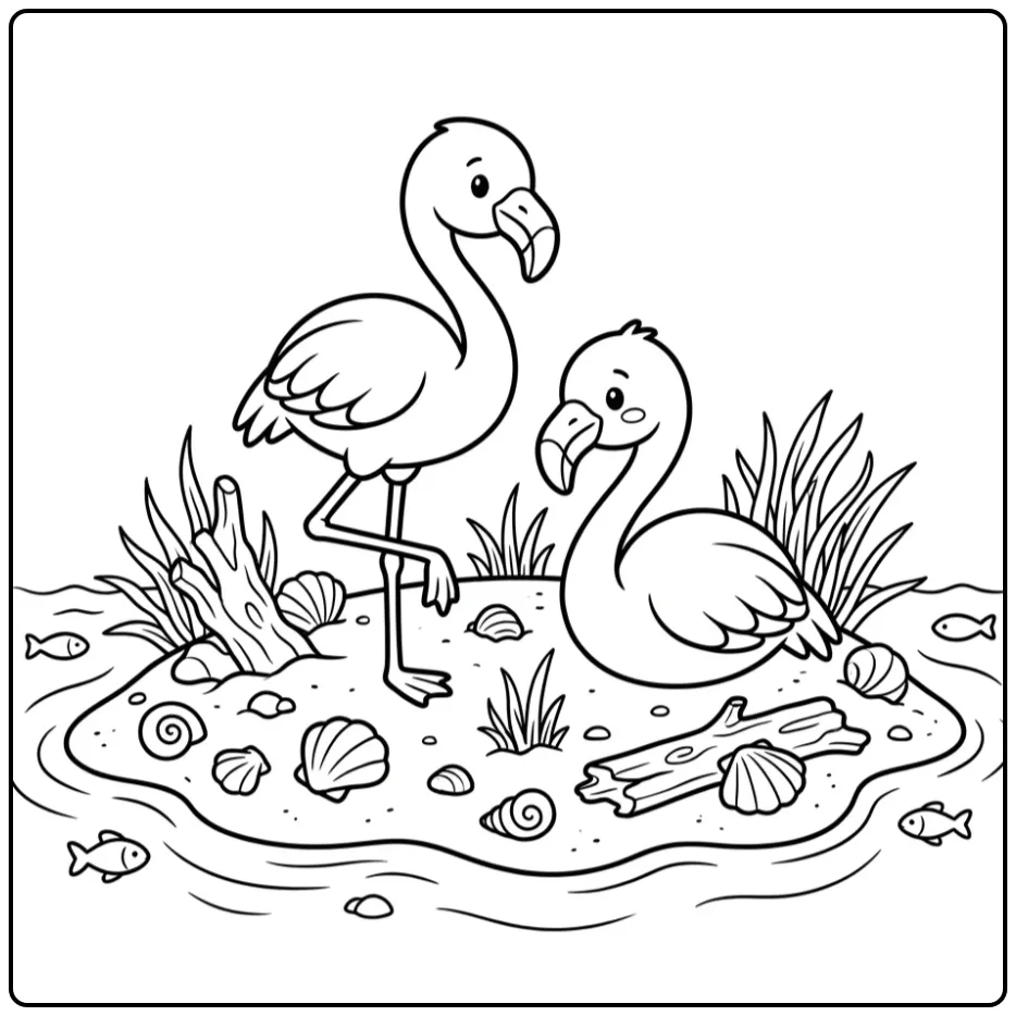 Schattige flamingo kleurplaat met schelpen en gras.