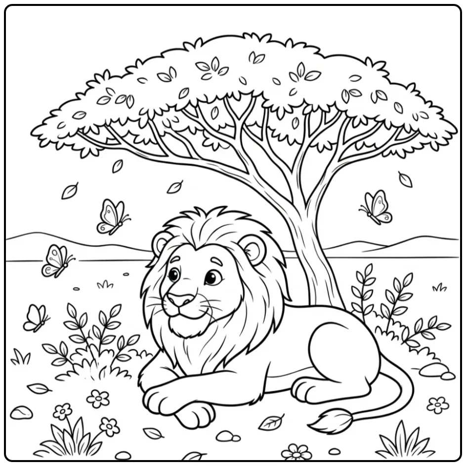 Een schattige kleurplaat leeuw rustend onder een acaciaboom.