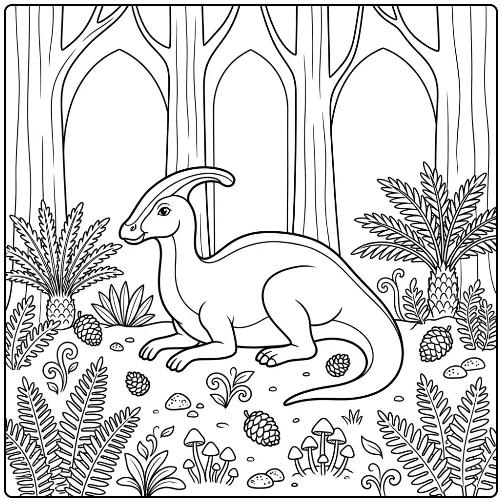 Een gedetailleerde parasaurolophus kleurplaat in het bos.