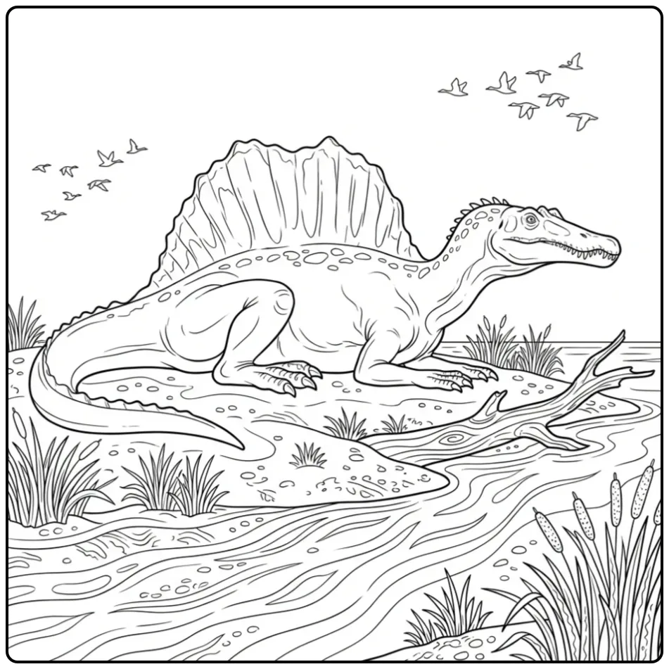 Een gedetailleerde spinosaurus kleurplaat op een zandbank.