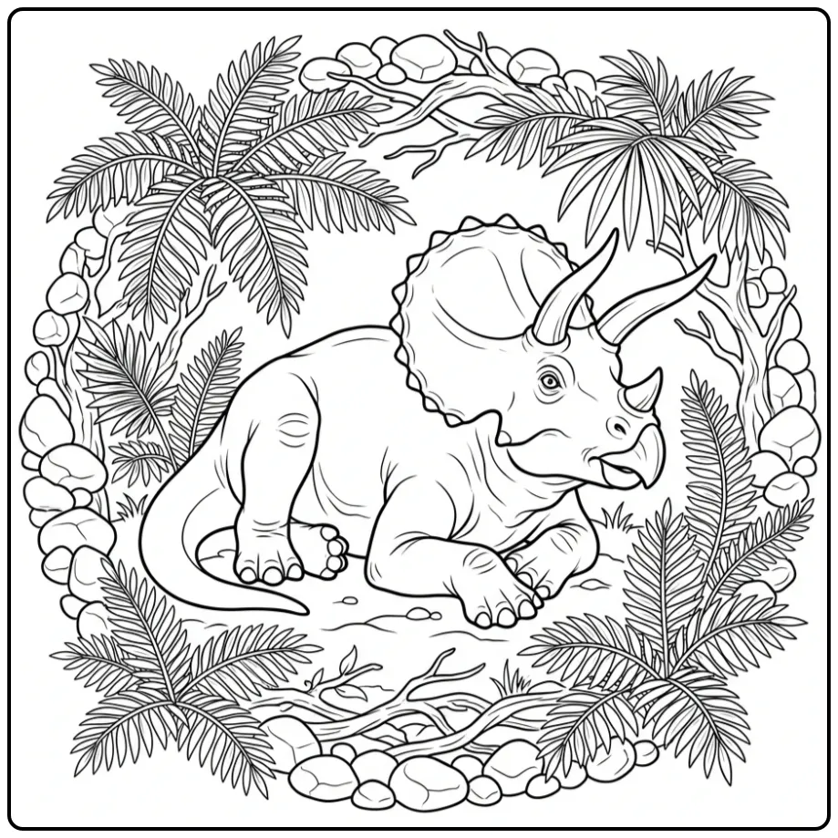 Gedetailleerde triceratops kleurplaat liggend op de grond