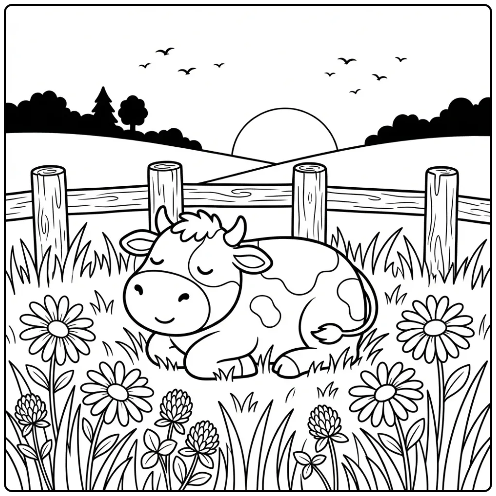 Een schattige kleurplaat koe liggend in het gras bij een hek.