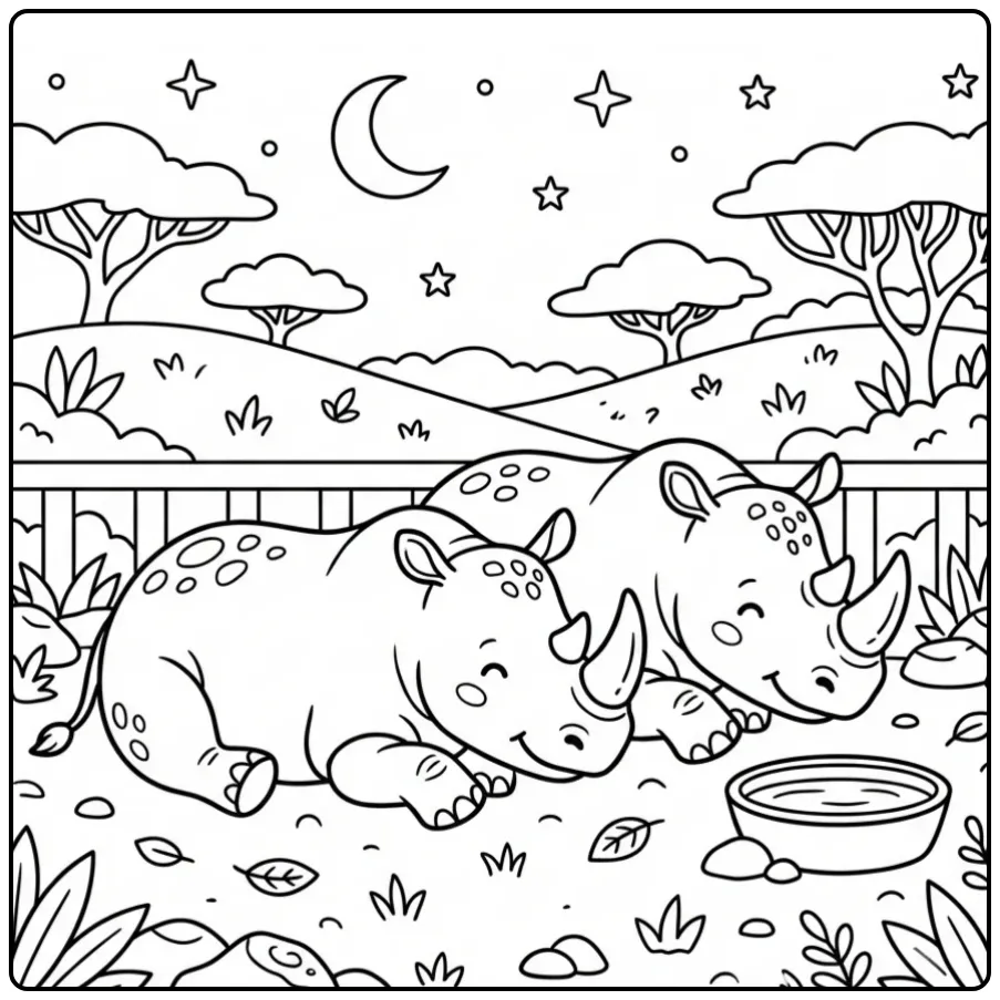 Een schattige kleurplaat neushoorn met twee slapende dieren.