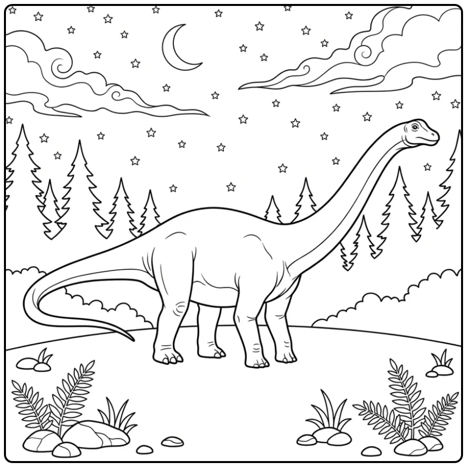 Een gedetailleerde diplodocus kleurplaat onder de sterren.