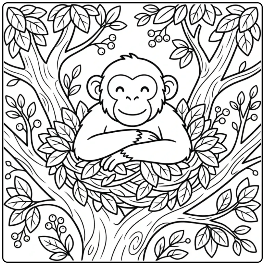 Een schattige kleurplaat chimpansee rustend in een boomnest.