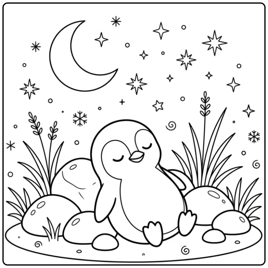 Een schattige kleurplaat pinguin die slaapt onder de maan.