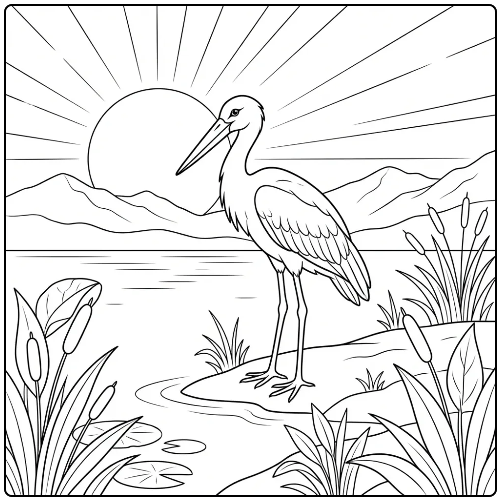 Schattige ooievaar kleurplaat aan het water met zonsopgang.
