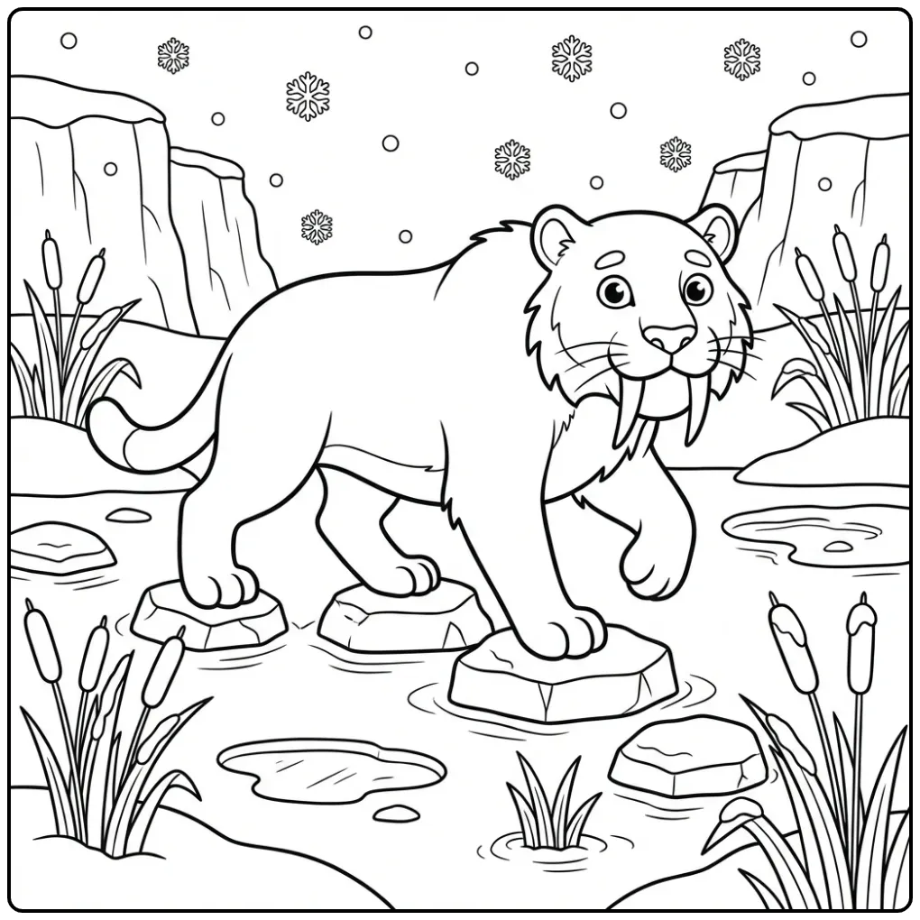 Schattige sabeltandtijger kleurplaat in de sneeuw.