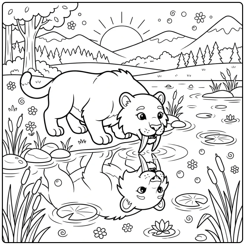 Leuke sabeltandtijger kleurplaat drinkend uit een meer.